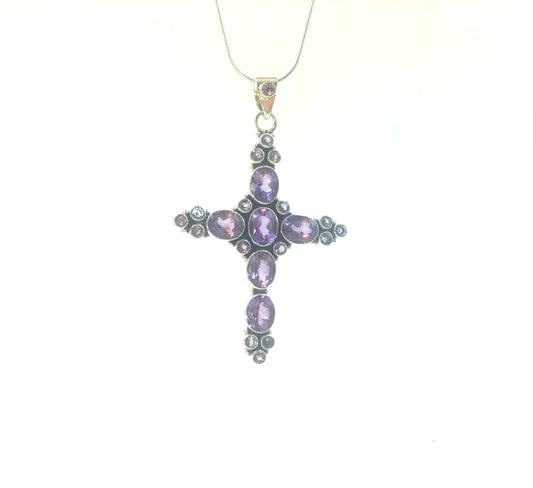Silver and Ameythest Cross Pendant w/Oval Stones