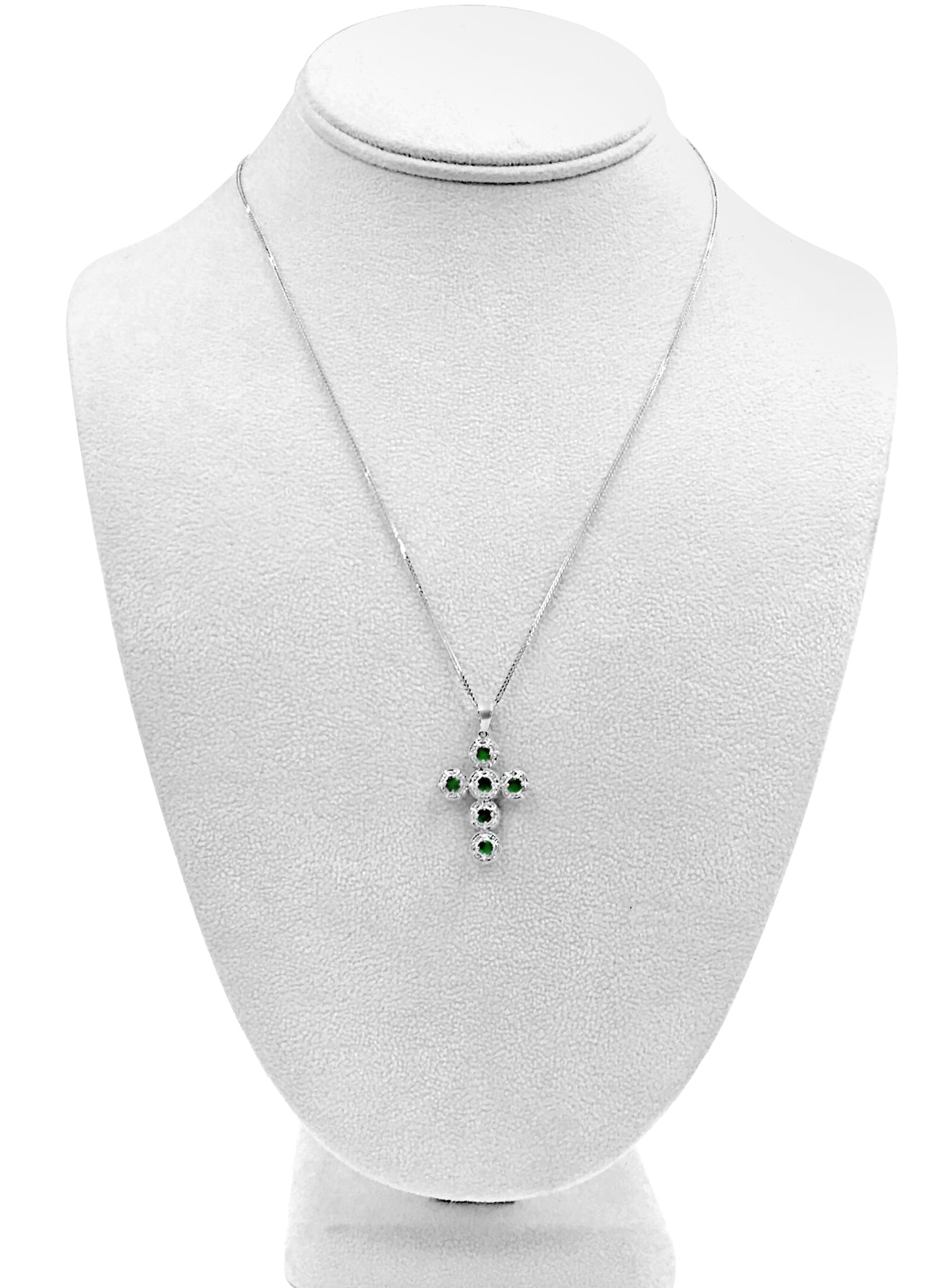 14K White Gold set w/ Emeralds and Diamonds Cross Pendant