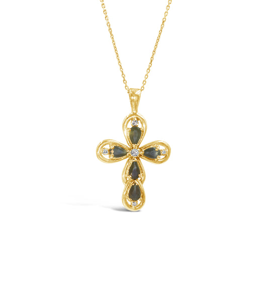 14K Yellow Gold Cross Pendant w/Blue Sapphires and Diamonds