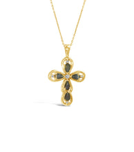 Load image into Gallery viewer, 14K Yellow Gold Cross Pendant w/Blue Sapphires and Diamonds