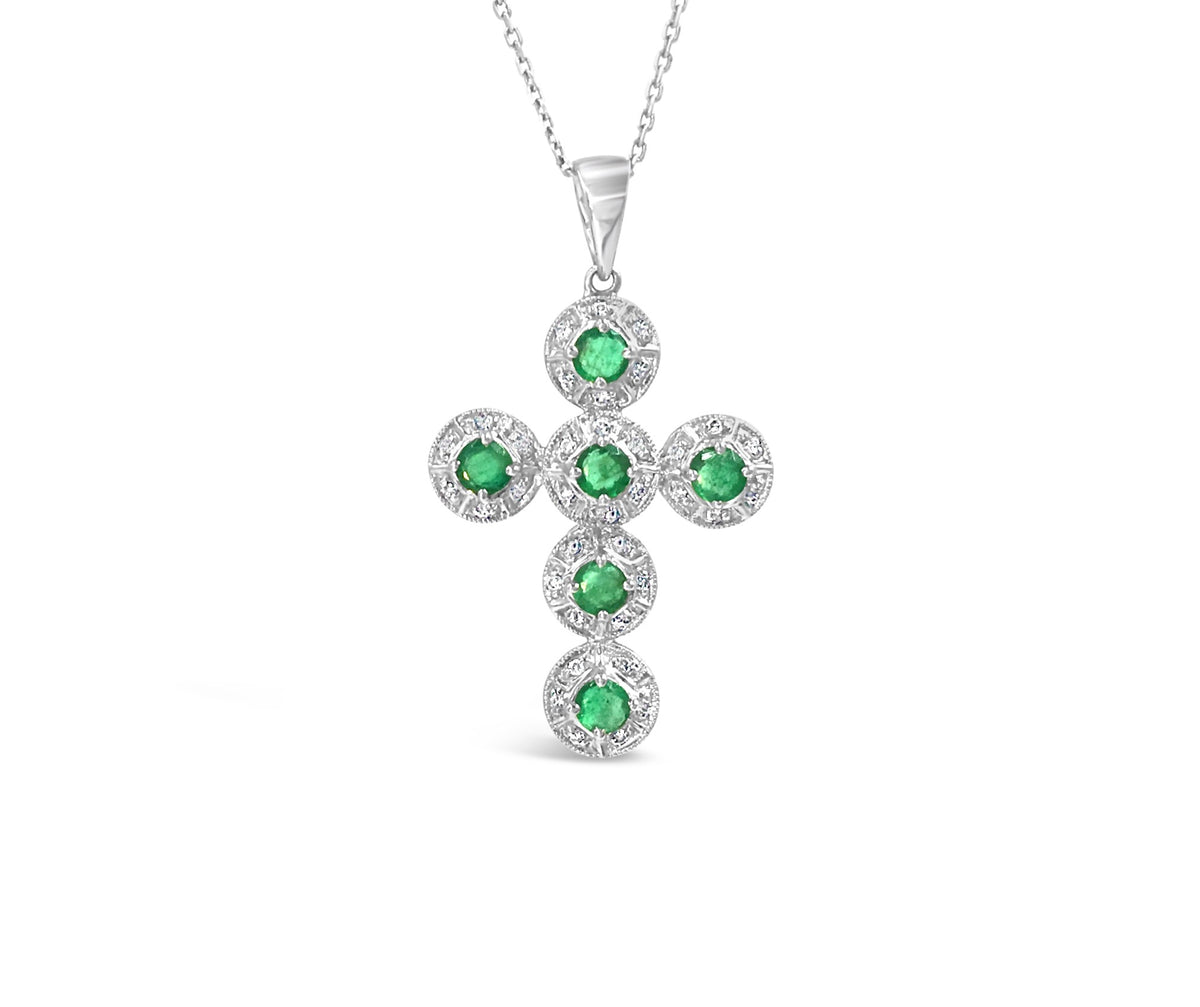 14K White Gold set w/ Emeralds and Diamonds Cross Pendant