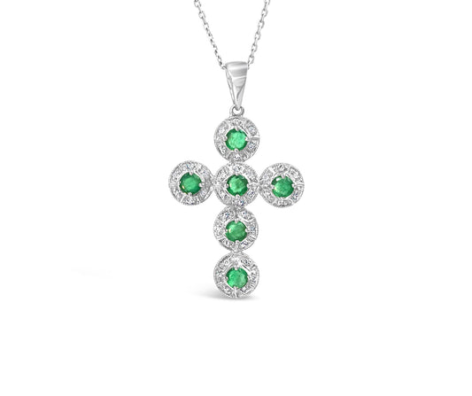 14K White Gold set w/ Emeralds and Diamonds Cross Pendant